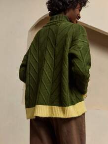Bóhologie Casual French Turtle Neck Brushed Yarn Color Block Stripe Oversize Fit Cozy Sweater For Autumn Daily Chic Brunch Dark Green - Army Green - View 4