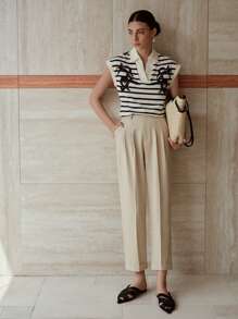 MOTF PREMIUM 褶皱翻边裤脚裤子 - 卡其色 - 查看 1