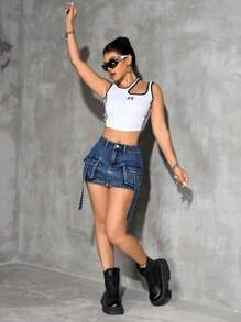 SHEIN PETITE 女式工装口袋A字休闲牛仔半身裙 - 深色水洗藍 - 查看 6