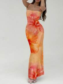 Aloruh Women's Casual Halter Backless Criss-Cross Tie-Dye Hibiscus Print Dress, Suitable For Summer Vacation, Hawaii Floral Long Dress, Beach, Music Festivals,Boho Clothes Women Suitable For Going Out Chic Dress - Orange - View 6