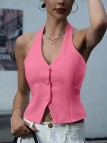 INAWLY Áo ba lỗ cổ yếm một hàng khuy đơn màu đơn giản cho nữ, mùa hè - Hồng - Xem 5