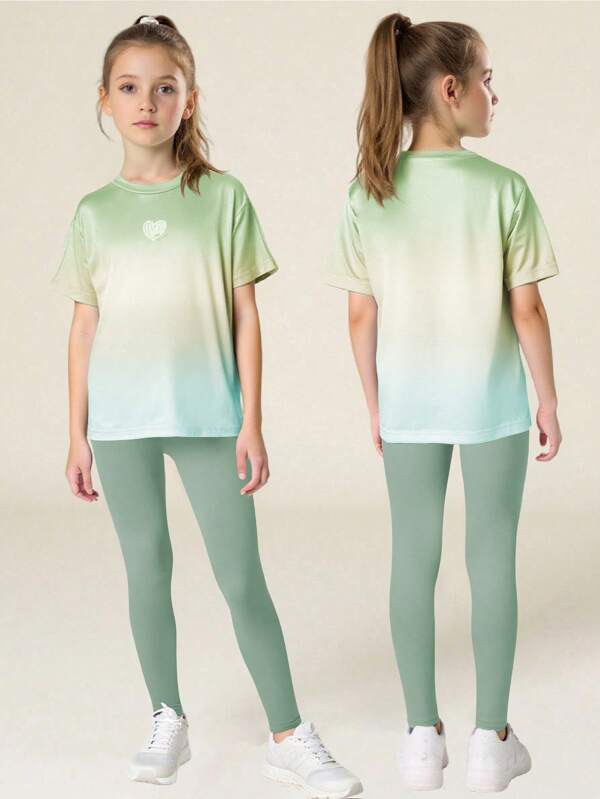 SHEIN Mädchen Set aus weichem, süßem & niedlichem Lässig Kurzarm T-Shirt und Leggings, 2-teilig, geeignet für Alltag, Feiertage, Urlaub