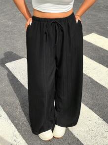 SHEIN EZwear 2件套大码女式系腰阔腿宽松裤 - 紅色 - 查看 3