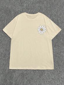 INAWLY 大码夏季鲜艳花卉笑脸印花圆领 T 恤，舒适休闲户外服装，四季皆宜 - 杏色 - 查看 3