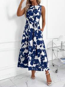 SHEIN Clasi 女式花卉印花无袖 A 字休闲纯色抽绳腰中长连衣裙