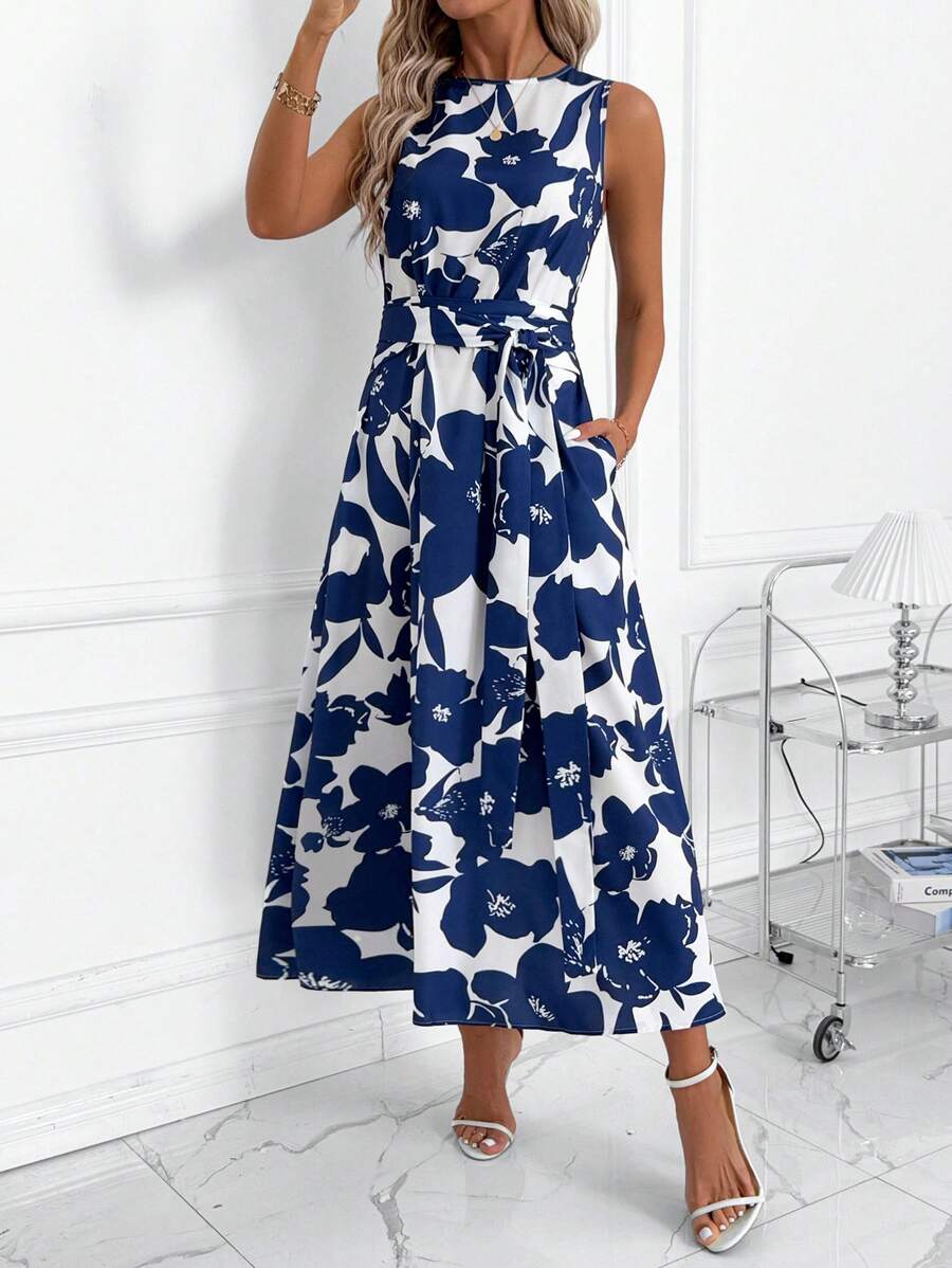 SHEIN Clasi 女式花卉印花无袖 A 字休闲纯色抽绳腰中长连衣裙