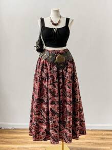 Sunspun Falda con estampado bohemio retro de vacaciones, efecto de pintura manual romántica y artística