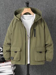 SHEIN Chaqueta con capucha informal y versátil de ajuste suelto con bolsillos utilitarios para niños preadolescentes, adecuada para ir al trabajo, la escuela, el uso diario casual, los deportes, primavera, verano, otoño e invierno - Verde militar - Ver 1
