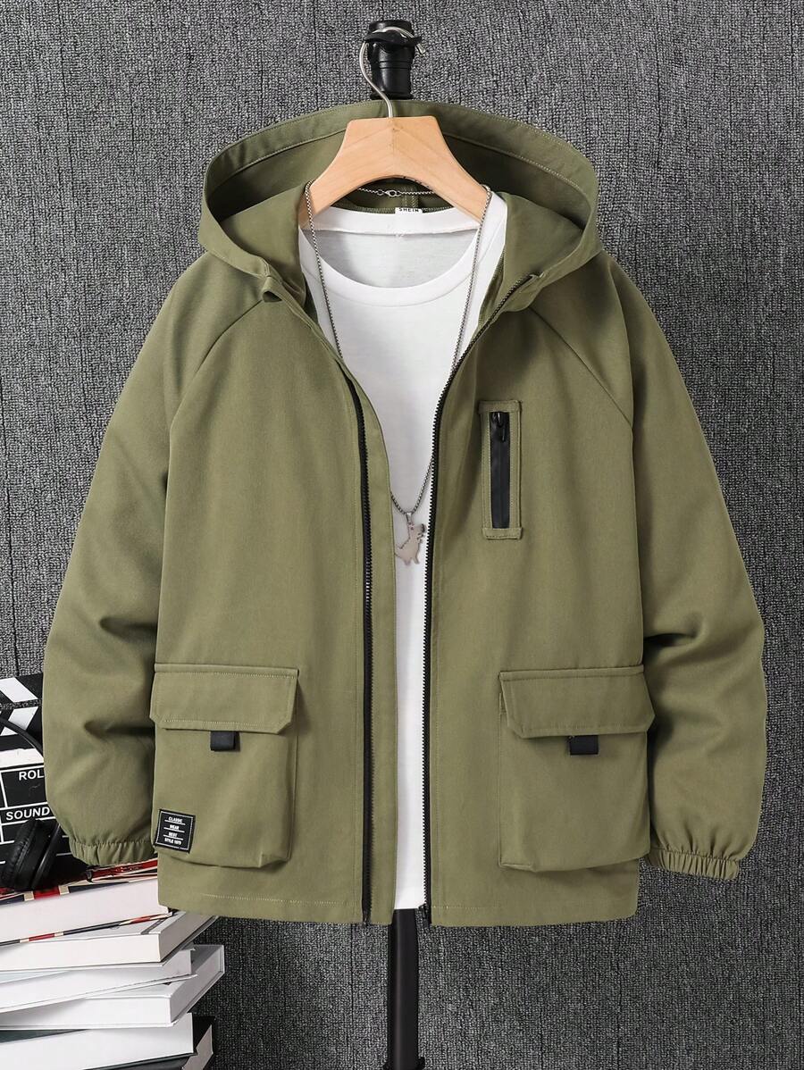 SHEIN Chaqueta con capucha informal y versátil de ajuste suelto con bolsillos utilitarios para niños preadolescentes, adecuada para ir al trabajo, la escuela, el uso diario casual, los deportes, primavera, verano, otoño e invierno - Verde militar - Ver 1