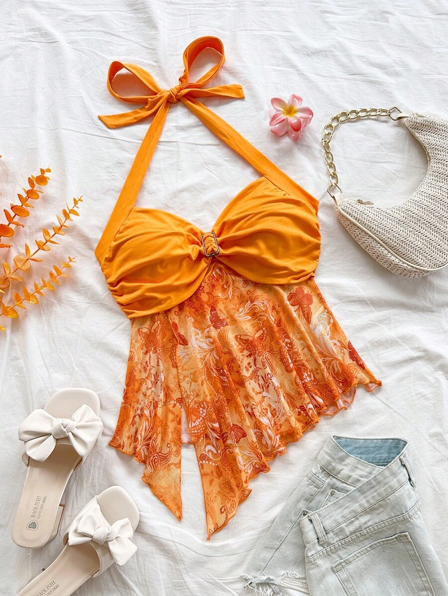 Soleia Áo yếm hở lưng in họa tiết chắp vá mùa hè dành cho nữ, áo yếm màu cam họa tiết Paisley màu hoàng hôn, màu cam Tequila bình minh - trái cam - Xem 1