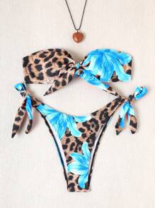 Swim SXY Women's Leopard Floral Print Backless Halter Bikini Set, 2Pcs Swimsuit, Summer Beach