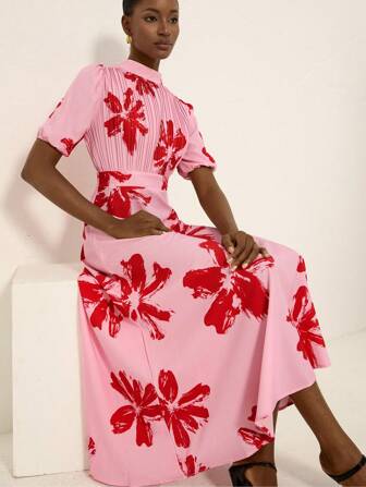 Aveloria Rosie Elegant Stand Collar Pleated Detailed Vintage Floral Print Maxi Swing Dress For Women