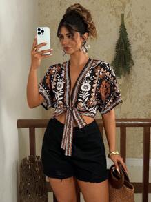 Travachic Plus Size Vintage Floral Print Tie Front Short Sleeve Shirt Boho - Black - View 1