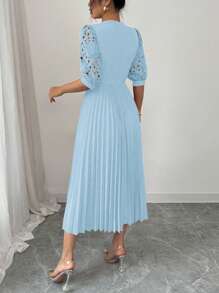 Rafferiza Elegant Luxurious Solid Color Hollow Embroidery Splice Pleated Dress Summer Dress - Baby Blue - View 2
