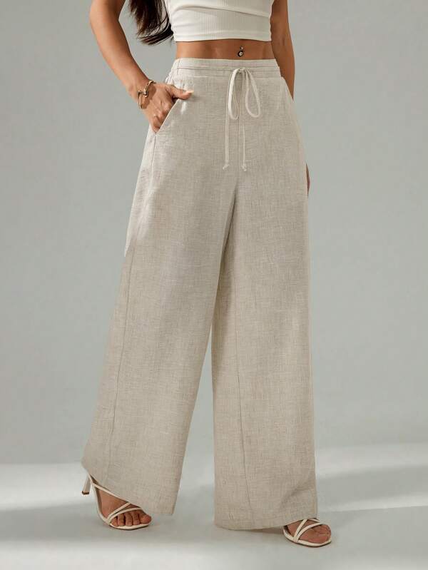 SHEIN PETITE Cravată de in de culoare solidă pentru femei, cu buzunare largi pe picioare, texturate, pantaloni de navetă, stil Old Money, pantaloni de in, pantaloni largi, ținute de vară pentru femei, îmbrăcăminte de plajă, ținute de vacanță, pantaloni de femeie