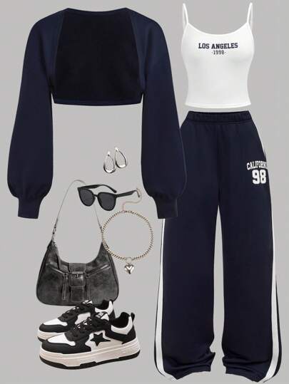 SHEIN Girlism 三件套：深蓝色撞色字母印花套头连帽衫，休闲运动裤，时尚、基本款、日常、百搭；纯蓝色纹理字母印花圆领宽松短袖 T 恤，适合各种运动场合、返校装、学院风、节日家庭户外野餐