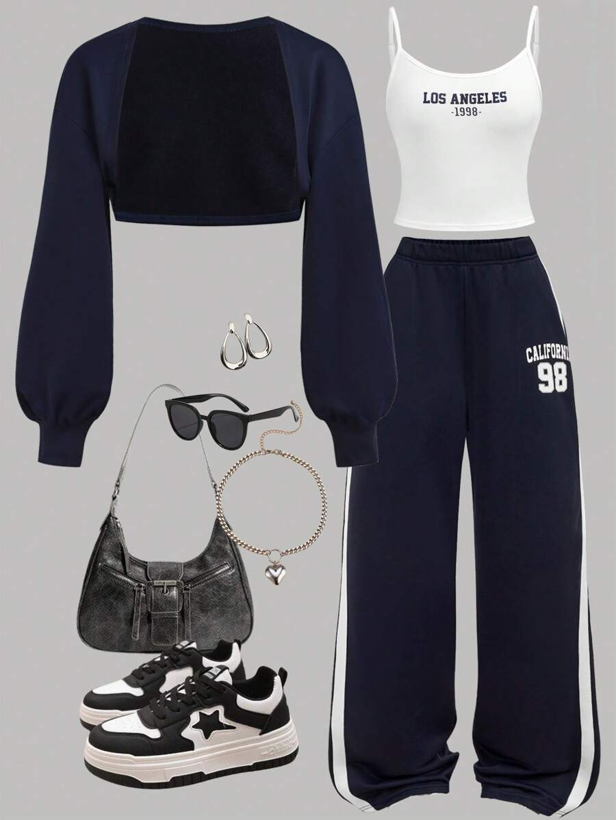 SHEIN Girlism 三件套:深蓝色撞色字母印花套头连帽衫,休闲运动裤,时尚、基本款、日常、百搭;纯蓝色纹理字母印花圆领宽松短袖 T 恤,适合各种运动场合、返校装、学院风、节日家庭户外野餐 - 藍白色 - 查看 1