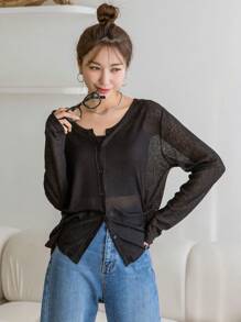 DAZY Camisa de mujer de manga larga con botones delanteros de unicolor, estilo casual y de negocios, ropa de mujer para otoño - Negro - Ver 1