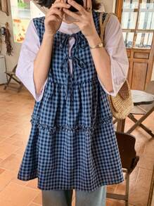 FRIFUL 女士格子无袖衬衫，配有蝴蝶结、荷叶边和A字廓形，休闲百搭，适合秋季穿着。