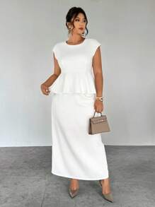 Firerie Plus Size New Elegant Minimalist Women Daily Commute Outfit, Round Neck Dolman Sleeve Ruffle Trim Blouse And Straight Skirt, White 2 Pieces Set