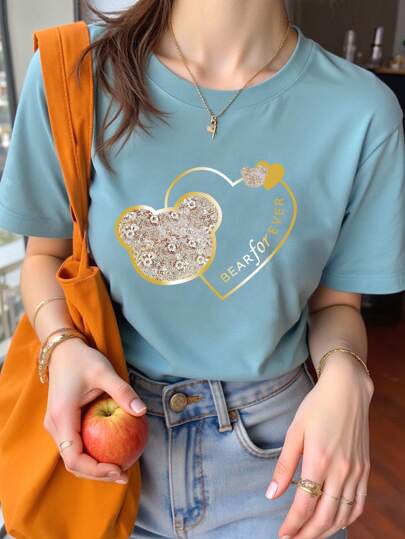 INAWLY 女士休闲圆领短袖 T 恤，带仿珍珠边、小熊印花和标语设计图案 T 恤女式上衣