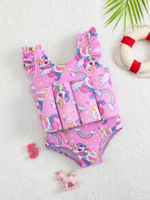 Baby Girls Beachwear Baby Girls Swimsuit One-Piece One-Piece Swimsuit Knitted Polyester Digital Printed Cute Cartoon Unicorn Swimsuit Can Float Buoyancy Swimsuit For Baby Girls Girl