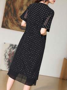 DAZY Plus Size Women's Polka Dot Patchwork Solid Color Chiffon Business Casual Elegant Summer Dress, Regular, Spring/Summer/Autumn - Multicolor - View 2