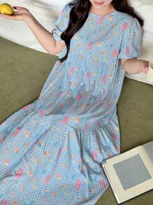 Dazy Plus 加大码花卉印花宽松圆领长款休闲女童睡袍，返校服睡衣