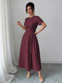 SHEIN Elenzya 女士纯色休闲、商务、下午茶、派对圆领腰部 A 字短袖迷你连衣裙，春夏 - 紫紅色 - 查看 4