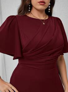 Modelyn Đầm xòe xếp ly tay ngắn cổ tròn màu trơn thanh lịch cỡ lớn cho nữ, mùa hè - Màu Đỏ Sâu - Xem 5