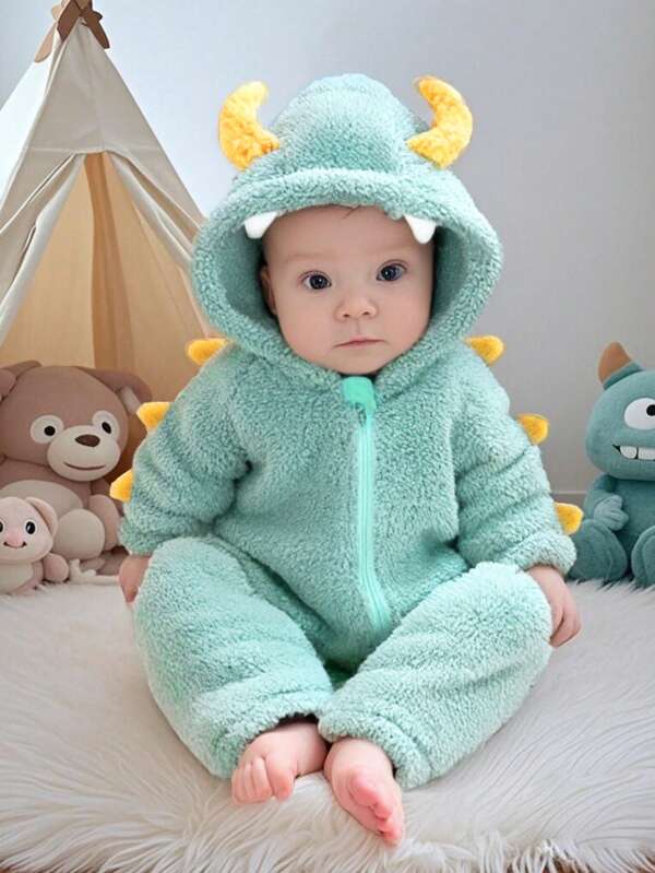 SHEIN Persoplay Kids Nuevo disfraz de bebé recién nacido con cuernos de monstruo suave y cálido de material esponjoso, adecuado para bebés de 0 a 9 meses, para uso diario, fiestas, cumpleaños y sesiones de fotos