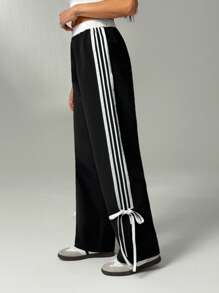 SHEIN Tall Women's Black Woven Fabric Casual Long Pants With Side Stripe Detail And Ankle Ties