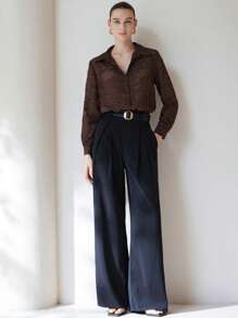 Aveloria Modichic 优雅复古刺绣花卉纹理面料立领长袖工作上衣 - 咖啡棕 - 查看 5