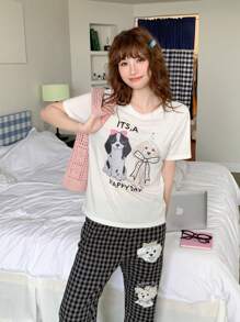两件套青少年女孩灰色格子短裤和卡通狗印花短袖休闲舒适睡衣，夏季 - 灰色 - 查看 11
