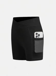 SHEIN 青少年女孩 2 件套纯色修身运动短裤，舒适口袋设计，适合日常锻炼、健身、跑步、户外活动、夏季 - 黑色 - 查看 6
