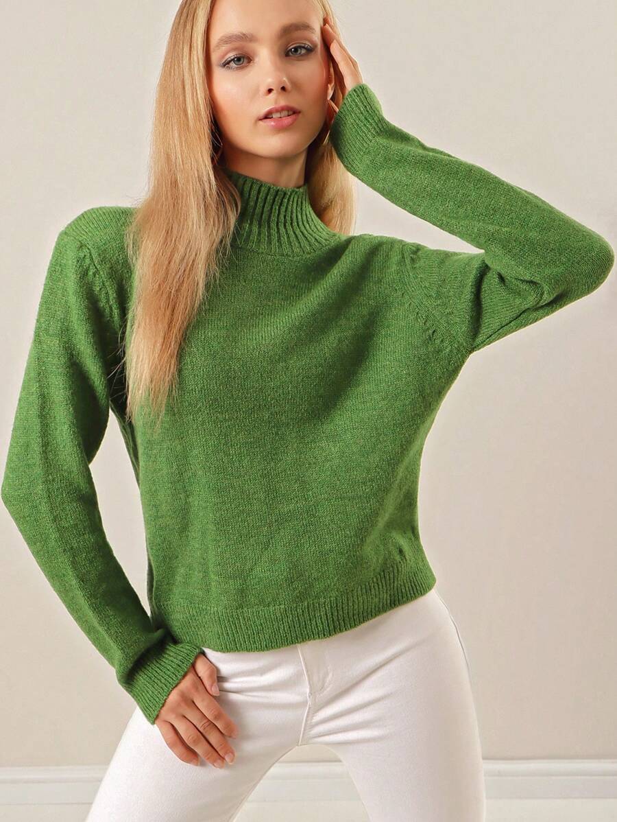 RueChic Solid High Neck Drop Shoulder Sweater - Green - View 1