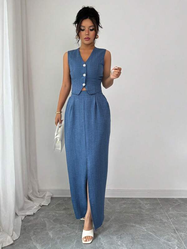 Elenzga Women's Elegant Commuter Blue Textured Fabric Sleeveless Vest + Women's Elegant Commuter Blue Textured Fabric Elastic Waist Pleated Hem Slit Long Bodycon Skirt, Spring/Summer
