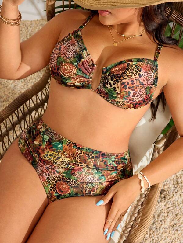 Swim Vcay Conjunto de bikini 2025 de talla grande para mujer con estampado de leopardo, hebilla metálica con forma de U, diseño con volantes y control de abdomen, traje de baño de moda para el mercado europeo y estadounidense de comercio transfronterizo