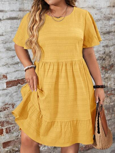 SHEIN LUNE Plus Size Casual Plain Texture Summer Dress Yellow Summer Dress Summer Casual Dress Short Sleeve Summer Dress Mustard Dress Yellow Vacation Dress,Dresses Casual