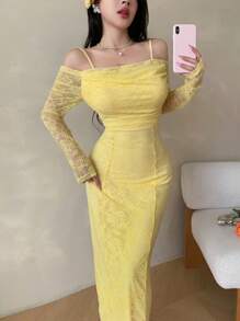 Modelyn Đầm dự tiệc thanh lịch tay dài ren dây mảnh cho nữ cổ khoét sâu - Màu vàng - Xem 7