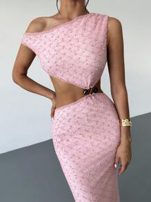 Firerie Vestido femenino nuevo de color rosa con detalles calados asimétricos en los hombros y la cintura, con cuentas especiales en la espalda descubierta. Vestido de textura rosa con pequeños lunares tridimensionales, adecuado para vacaciones en la playa, fiestas de jardín, atuendos de ocio/vacaciones, atuendos de cumpleaños, atuendos de club, ropa de festival, vestidos de graduación para mujer. - Rosa - Ver 4