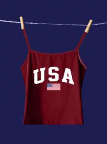 SHEIN EZwear 休闲简约性感紧身款美国独立日细肩带背心，印有美国国旗图案，适合夏季和独立日穿着 - 彩色 - 查看 2