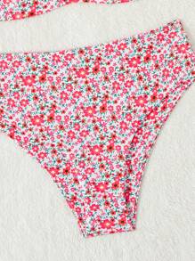 Swim Mod Plus Size Women's Summer Vacation Ditsy Floral Spaghetti Strap Bikini Set - Multicolor - View 3