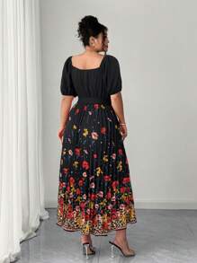 Elenzga Große Größen Sommer Elegant Blumen Muster V-Ausschnitt geraffte Taille ausgestelltes Maxikleid - Verschiedenfarbig - Übersicht 2