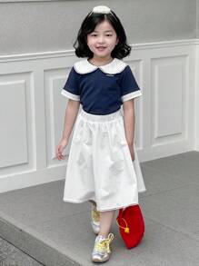 DAZY Young Girls POLO Collar Colorblock Korean-Style T-Shirt And Solid Color Skirt 2 Pieces Set,Girls Summer Outfits - Blue - View 3
