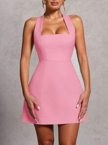 INAWLY Women's Solid Color Halter Neck Zipper Back Mini Graduation Dress, Summer - Pink - View 4