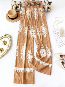 SHEIN LUNE Plus Size Women's Casual Vacation Style All-Over Printed Elastic Waist Side Pockets Loose Wide Leg Pants Beach Outfits For Woman Palazzo Summer Holiday Baggy Pants Women Plus Clothing Business Casual