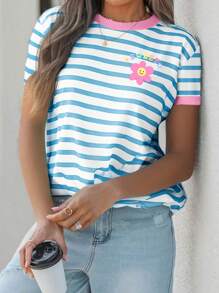 SHEIN EZwear Camiseta de mujer de manga corta, cuello redondo, estampado floral y corte holgado, adecuada para el verano - Multicolor - Ver 3