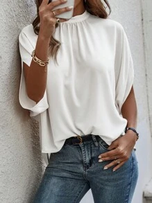 EMERY ROSE 夏季休闲纯色立领中袖衬衫 - 白色 - 查看 4