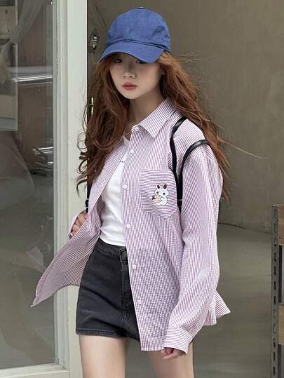 Dazy Kids 少女宽松休闲条纹衬衫，秋季校园装长袖上衣